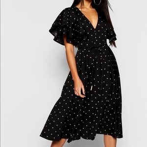 Boohoo Polka Dot Ruffle Sleeve Midi Dress
